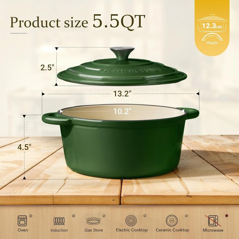 5.5QT Cast Iron Dutch Oven w/ Lid Sourdough Baking Glossy Green3