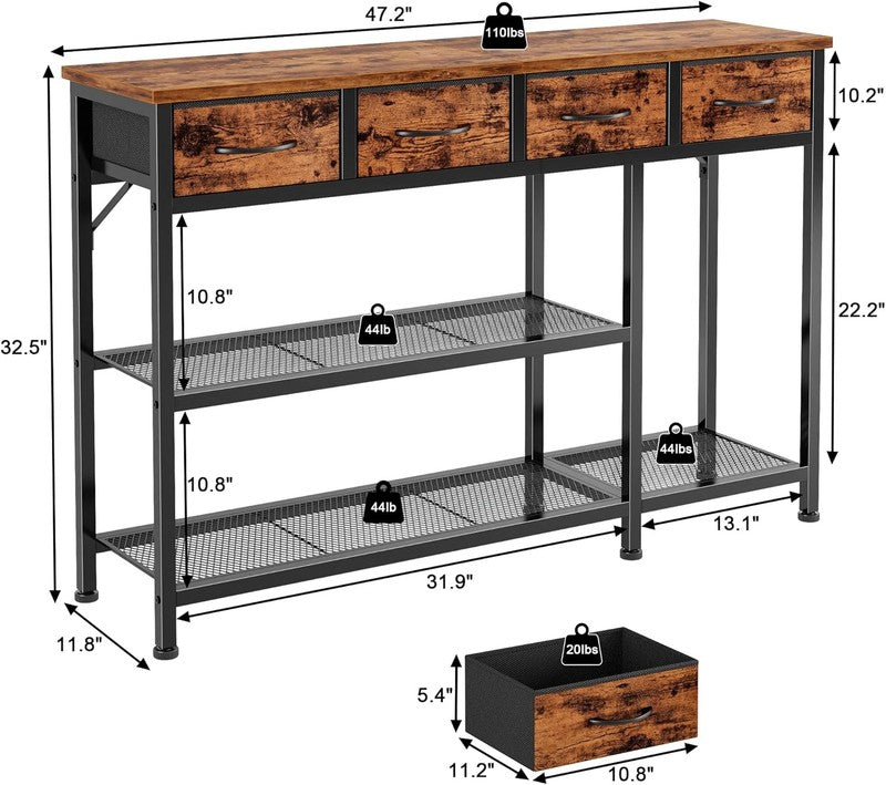 47" Industrial Entryway Table Sofa Console 4 Fabric Drawers Rustic Brown1