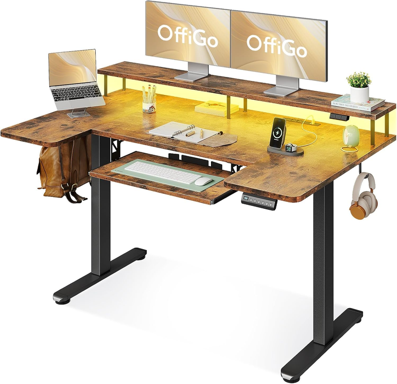55" U Shaped Electric Standing Desk w/ Keyboard Tray Rustic Brown10