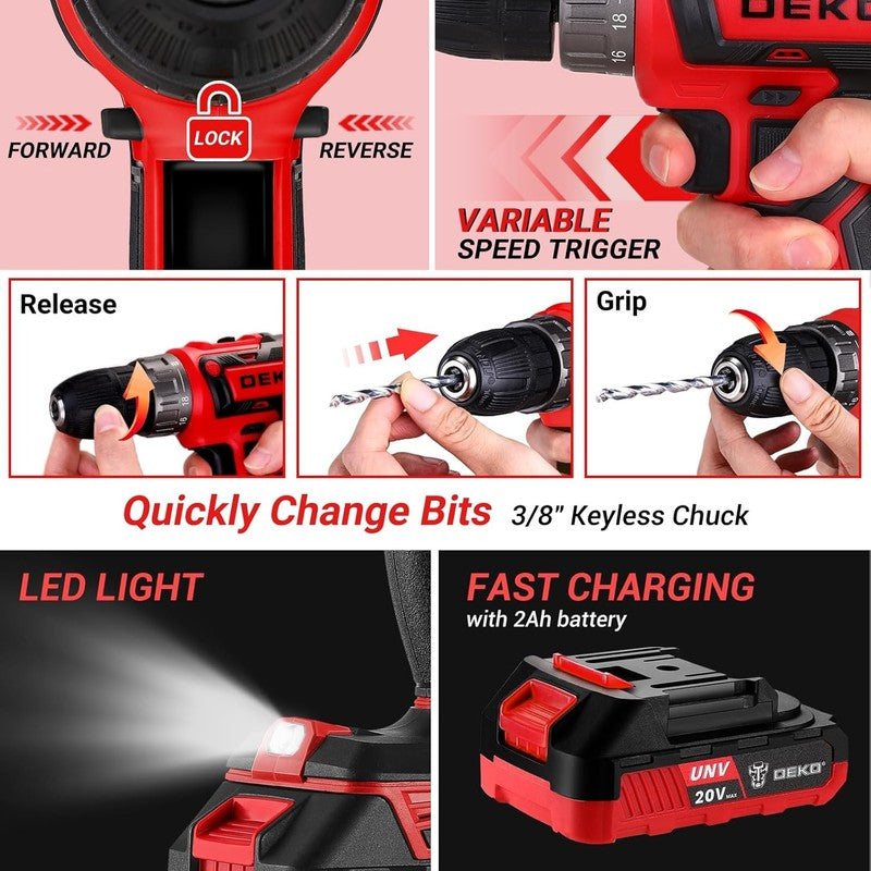 20V Cordless Drill Tool Kit Red Electric Drill Driver Home Repair Toolbox3