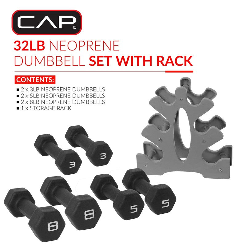 Barbell 32 Lb Neoprene Dumbbell Set with Rack, Black2