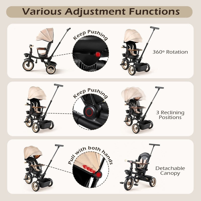 7 in 1 Foldable Tricycle Stroller for Toddler, Baby Tricycle with Adjustable Can5