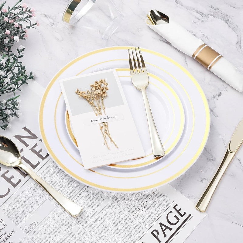 350PCS Gold Plastic Dinnerware Set, Disposable Party Plates for 50 Guests, Inclu4