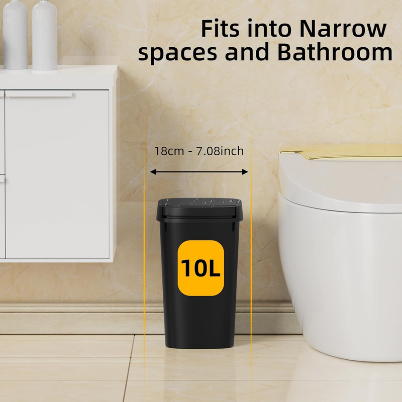 3-Pack 2.6 Gal Slim Trash Cans with Pop-Up Lid Matte Black Plastic Waste Bins2