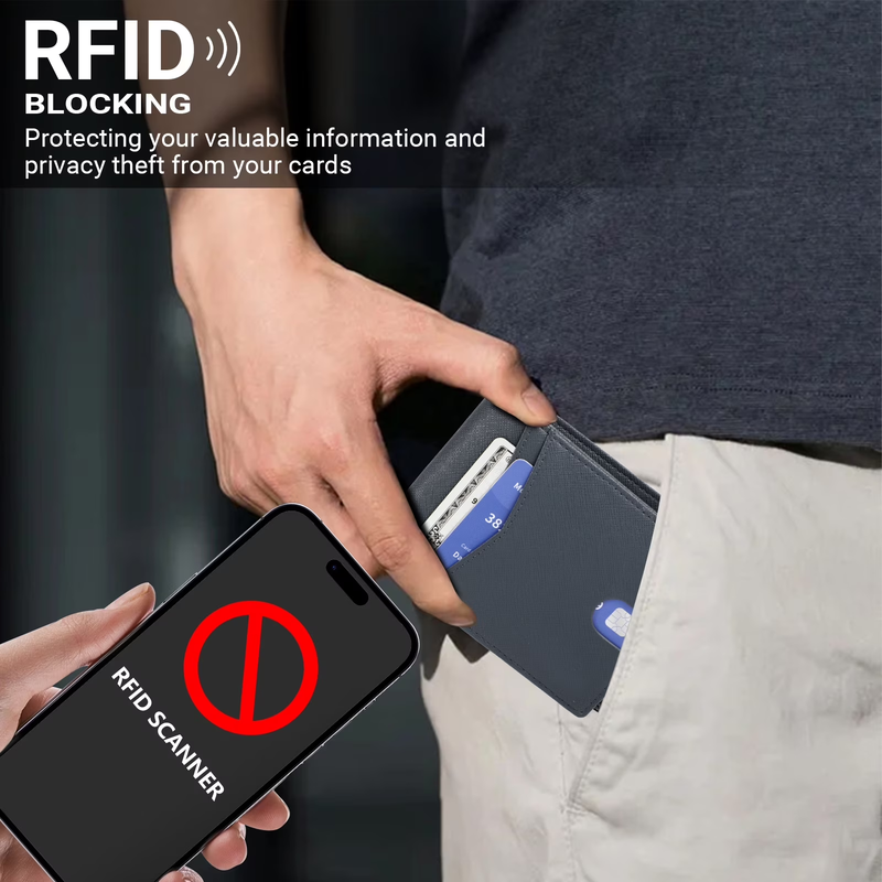Men's Slim Leather RFID Blocking Bifold Wallet 2 ID Windows Holds 15 Cards  3