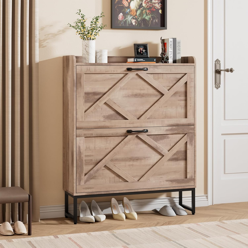 Shoe Cabinet 2 Flip Drawers Freestanding Slim Farmhouse Entryway Toasted Oak10