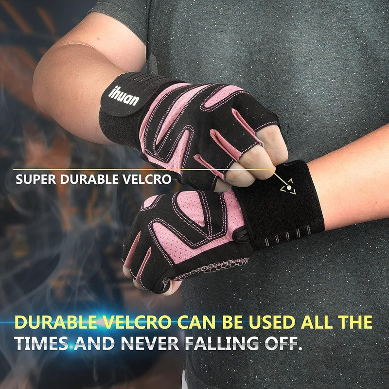 Ventilated Weightlifting Gloves with Wrist Wrap Support for Men and Women Pink3