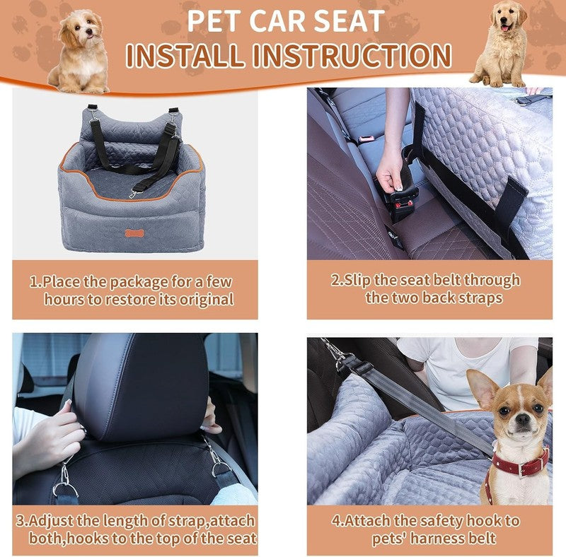 Dog Car Seat Memory Foam Small Dogs up to 25lbs w/ Pockets & Seat Belt Grey4