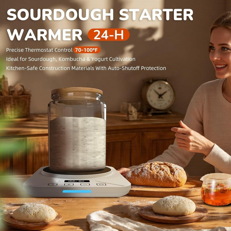 Sourdough Starter Warmer Mat White w/ Timer, Thermostat 70 100°F, Fits 40oz Jar1