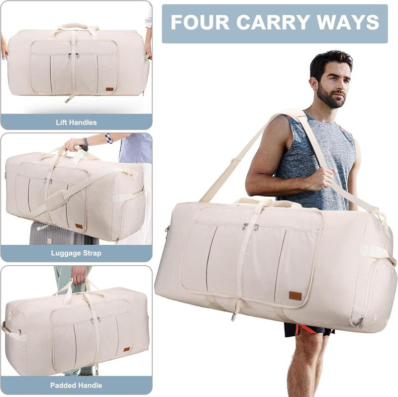 120L Large Travel Duffel Bag Foldable w/ Shoe Compartment Beige6