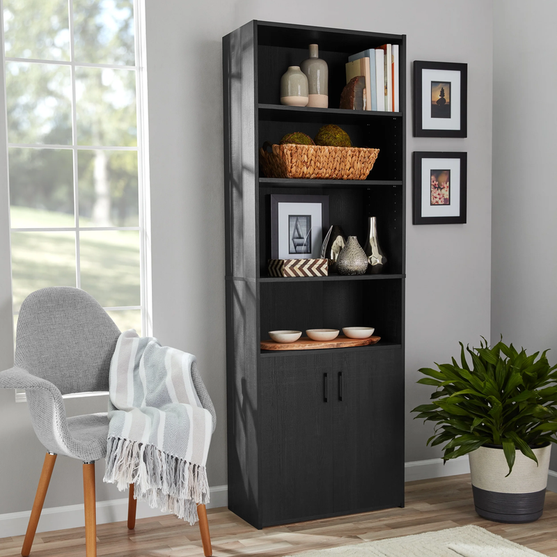 Traditional 5 Shelf Bookcase with Doors, Black Finish5