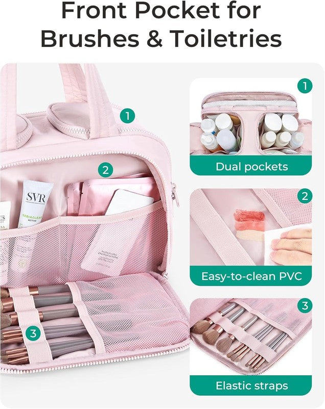 Travel Toiletry Bag Large Wide-Open Puffy Cosmetic Organizer for Women Pink3