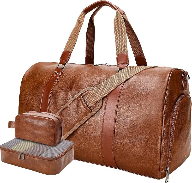 3 in 1 Leather Travel Duffle Bag Weekender Overnight Gym Bag w/ Shoe & Toiletry7