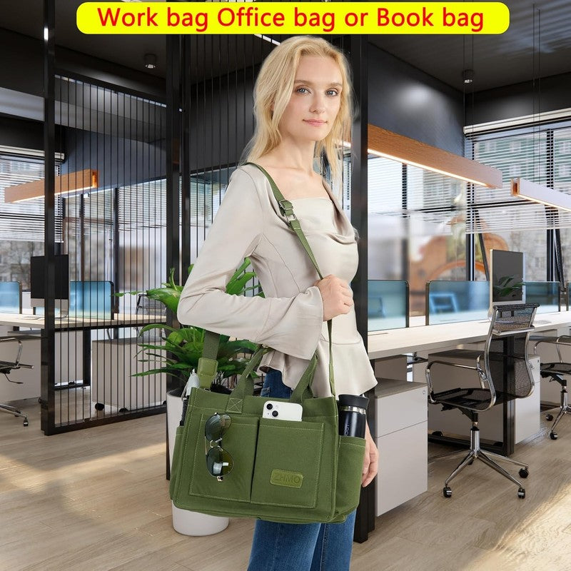 Women’s Large Canvas Tote Bag w/ Compartments Shoulder Crossbody Work Laptop5