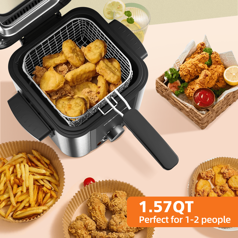 1.5L Deep Fryer w/ Basket, 900W, Temp Control, Easy-Clean Pot, Stainless Steel2