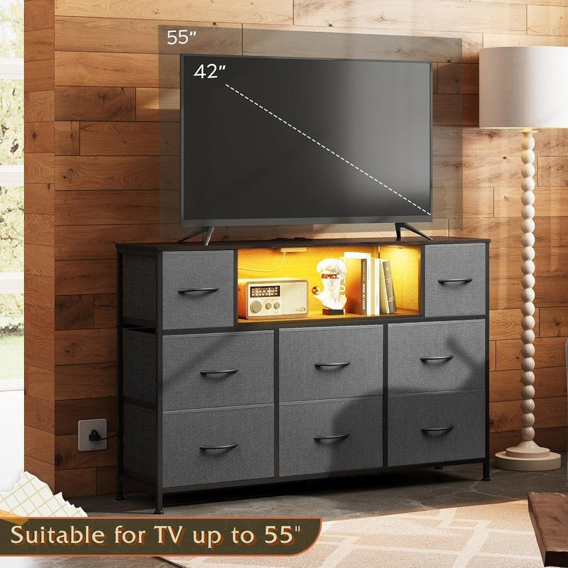 Grey TV Stand Dresser LED Lights Charging Station 8 Fabric Drawers Open Shelves5