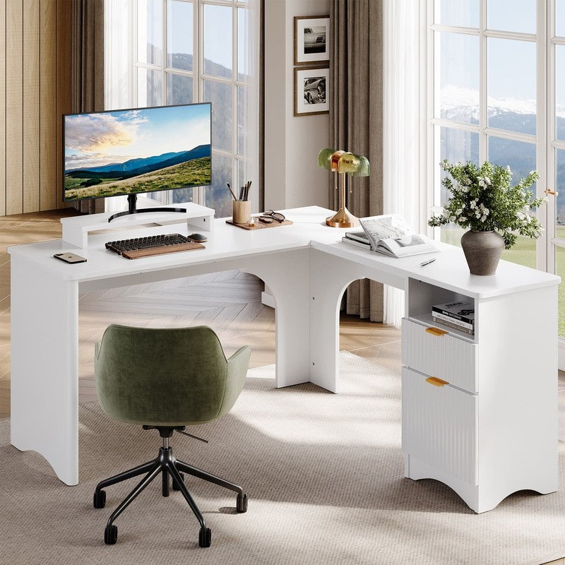 55" L-Shaped Desk with Drawers, Monitor Stand & Fluted Panels White9