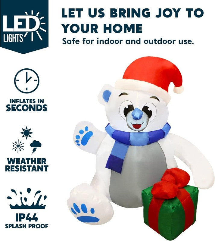 4 Ft Christmas Inflatable Polar Bear with Gift Decoration, Blow up Polar Bear wi2