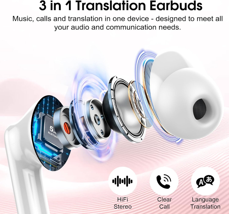 AI Translator Earbuds 164 Languages Bluetooth 5.3 Real Time Rose4