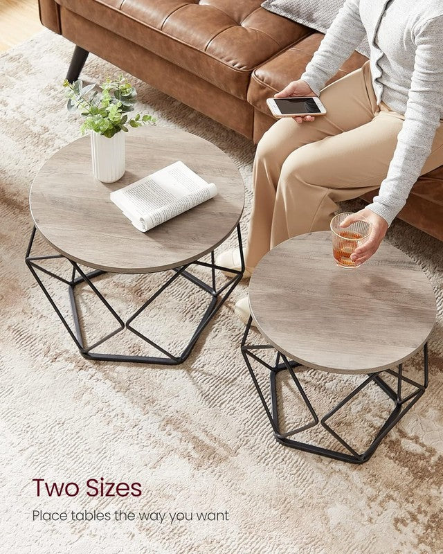Small Round Coffee Table Set of 2 Steel Frame Side End Tables Greige Black7