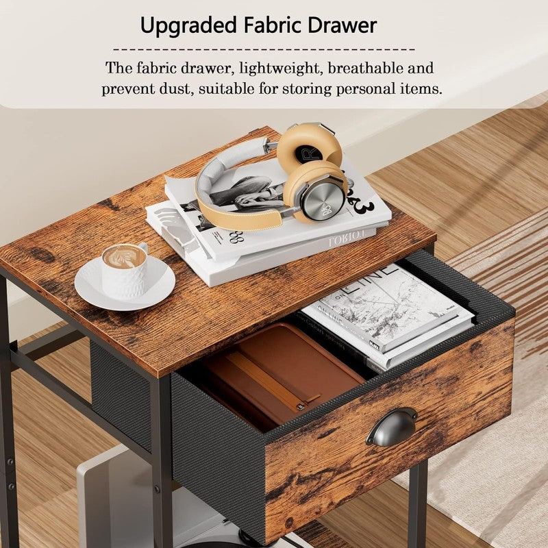 Set of 2 Nightstands w/ Fabric Drawer & Storage Shelf Rustic Brown Bedside Table4