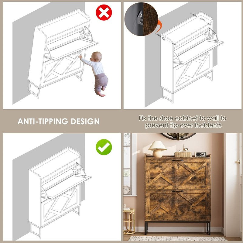 Shoe Cabinet 2 Flip Drawers Freestanding Slim Farmhouse Entryway Rustic Brown8