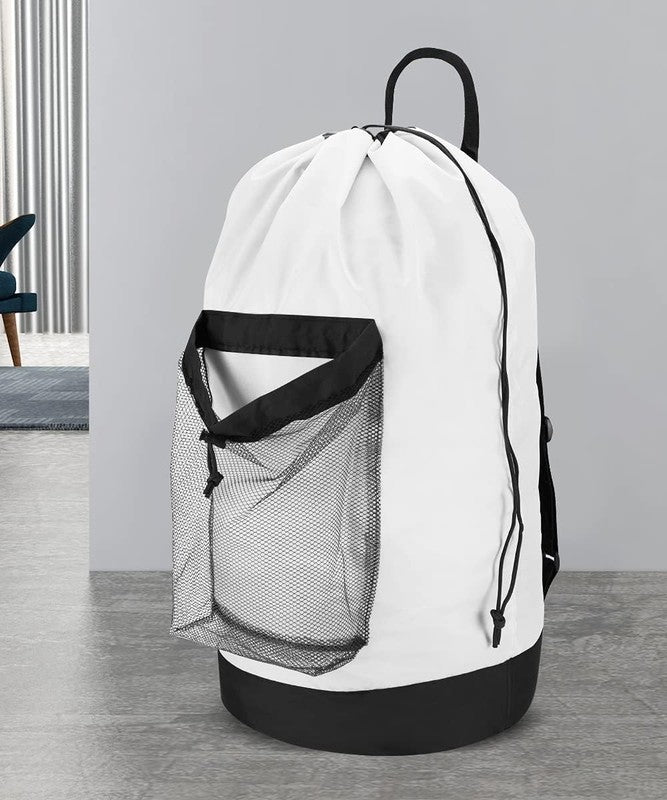 Backpack Laundry Bag with Straps & Pocket, Durable Nylon Clothes Stripe White5