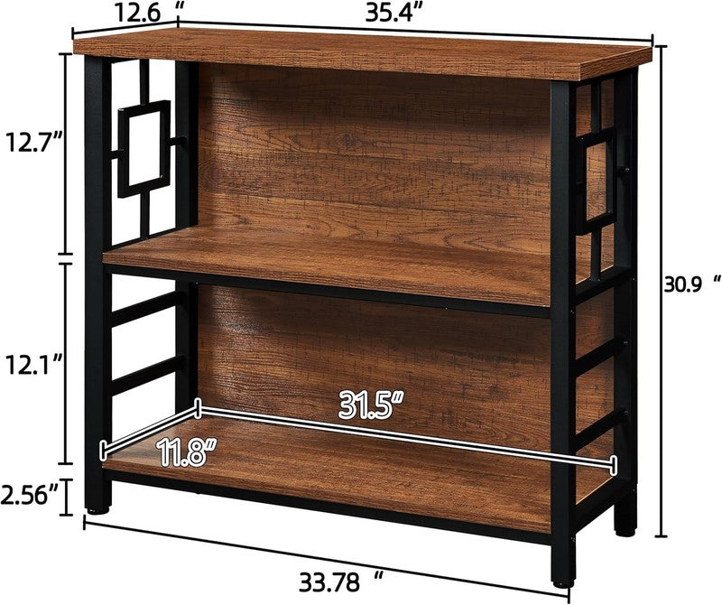 3 Tier Bookshelf Rustic Brown Engineered Wood Metal Storage Bookcase Low1