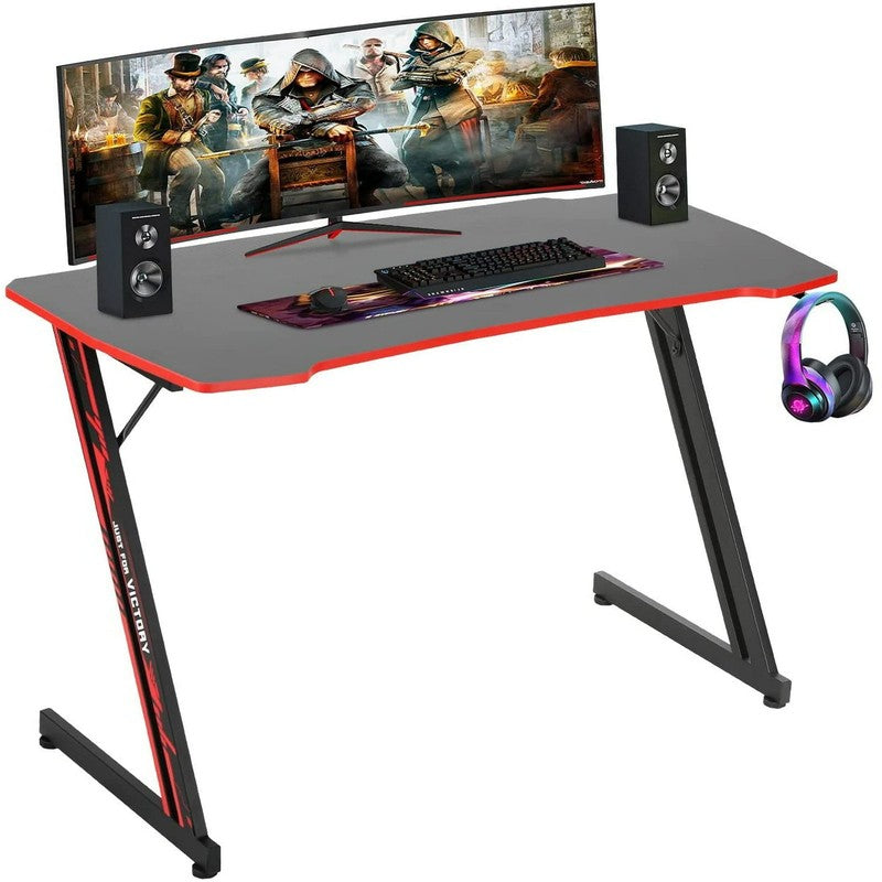 47" Z Shaped Ergonomic Gaming Desk w/ Headphone Hook Red for Adults5