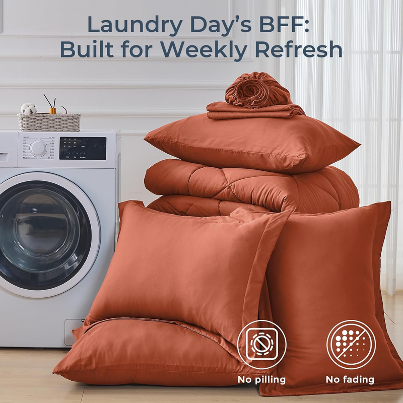 Burnt Orange Queen Comforter Set 7 Piece Bed in Bag Ultra Soft Sheets Shams Set6