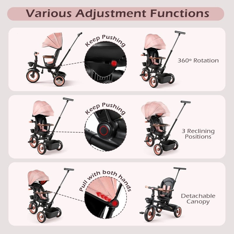 7 in 1 Foldable Tricycle Stroller for Toddler, Baby Tricycle with Adjustable Can5