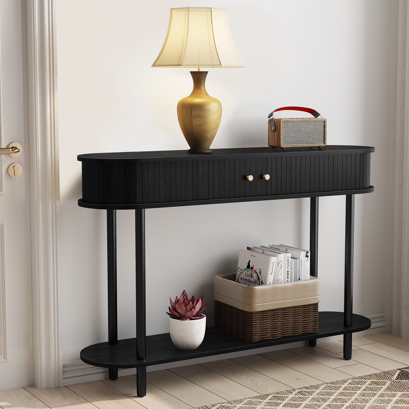 47.2in Farmhouse Console Table Entryway w/ 2 Tambour Doors Black7