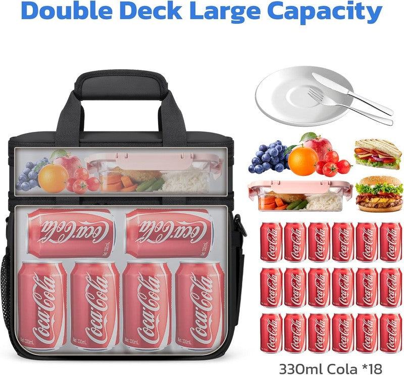 20L Expandable Double Deck Insulated Lunch Bag Black Cooler5
