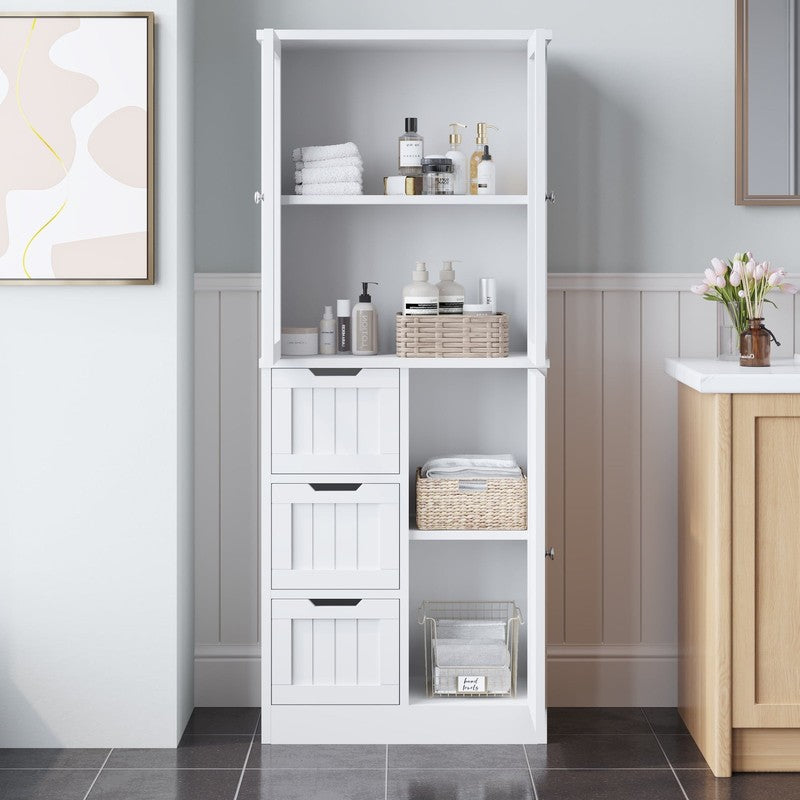 Bathroom Storage Cabinet Wooden W/ 4 Drawers & 3 Doors Glass Doors, MDF Freestan9