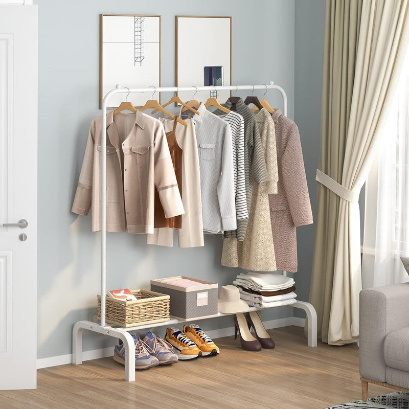 Metal Clothes Rack with Bottom Shelf, Garment Rack for Hanging Clothes White2