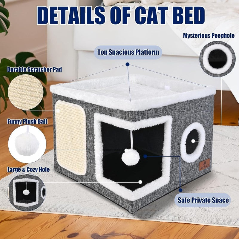 Cat Cave Bed for Indoor Cats – Foldable Cat House with Scratch Pad Grey3