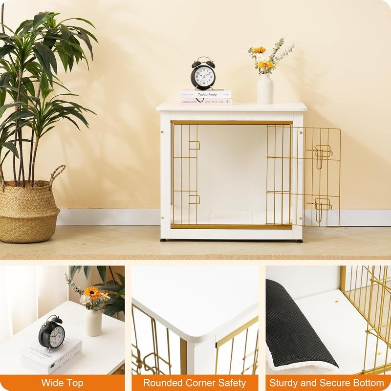 Dog Crate Furniture Table w/Cushion Wooden Kennel Double Door 27.2" White5