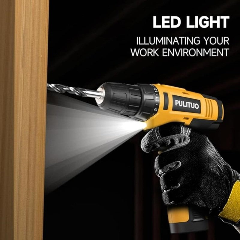 12V Cordless Power Drill Kit 21+1 Torque LED Battery Charger Compact Yellow1
