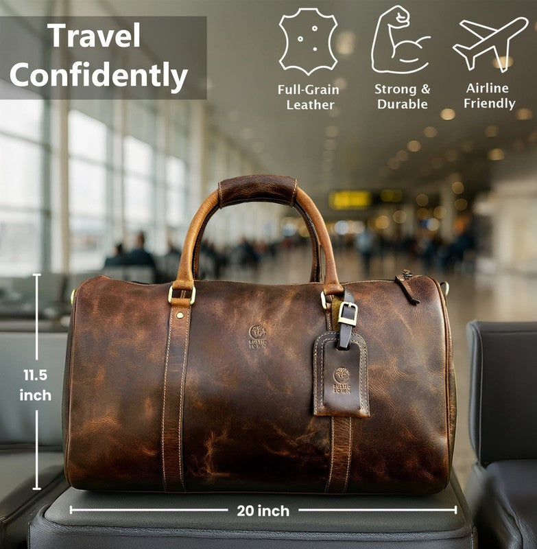 Leather Duffle Bag Men Travel Gym Carry On Overnight Weekender Rustic Town6