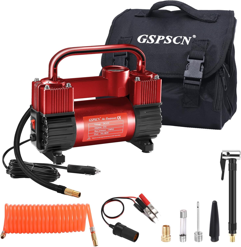 Red Tire Inflator Heavy Duty Double Cylinders, Portable Metal DC 12V Air Compres9