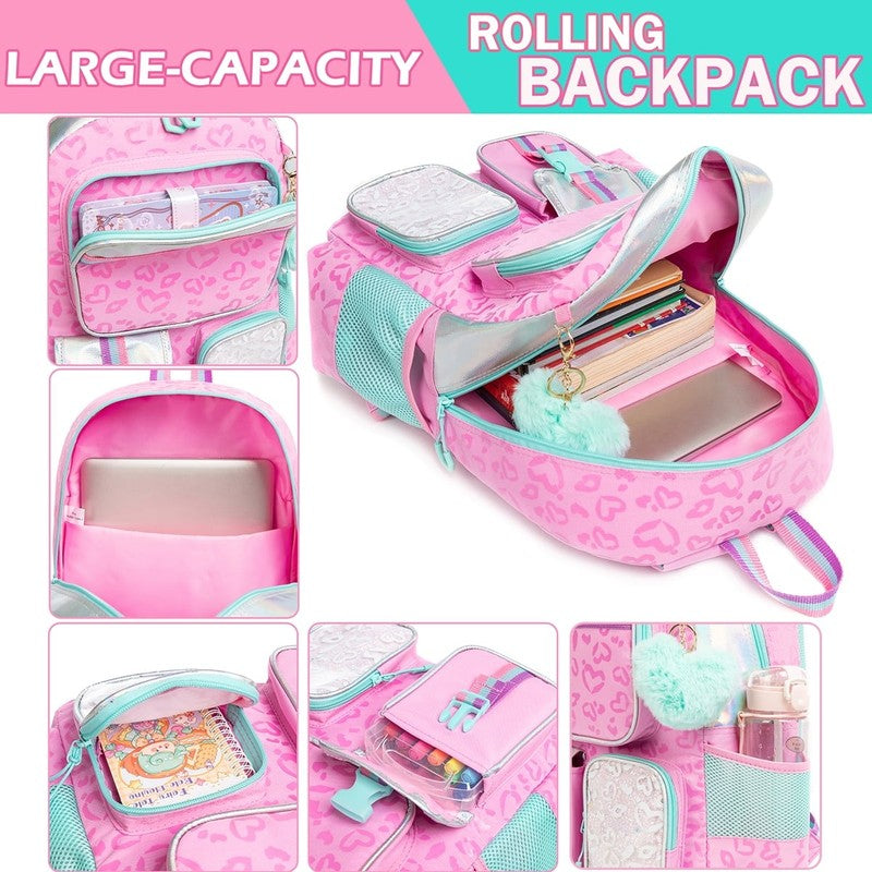 Kids Cute Rolling Backpack for Girls Trolley Pink School Bags Girls Backpacks wi5