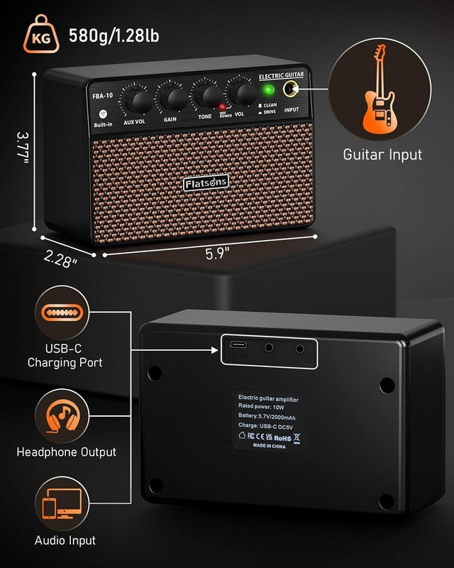 FBA-10 Mini Guitar Amp, 10W Electric Amplifier USB-C Rechargeable Portable8