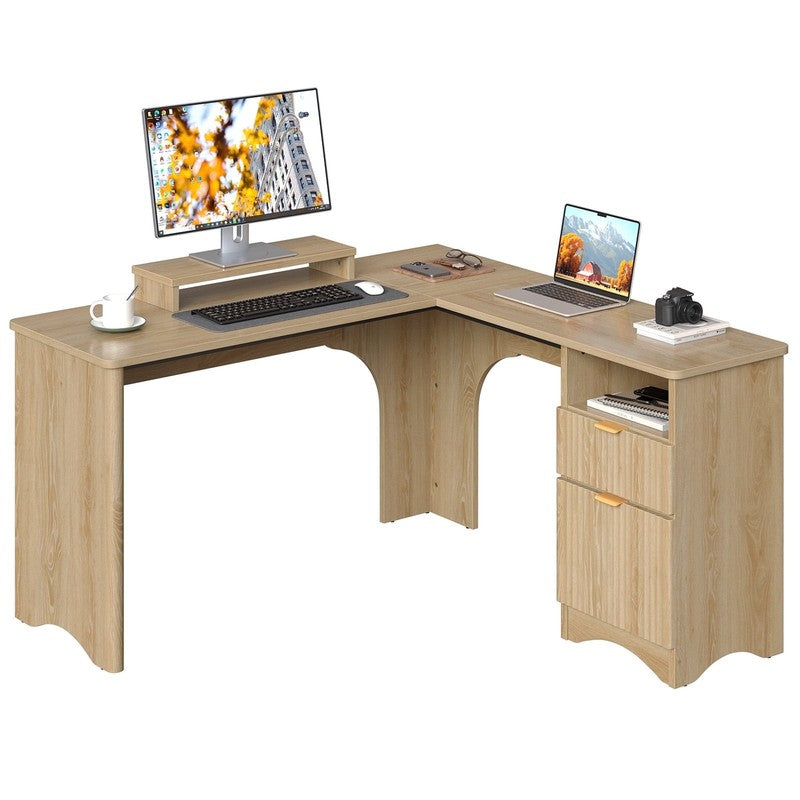 55" L-Shaped Desk with Drawers, Monitor Stand & Fluted Panels Natural Oak9