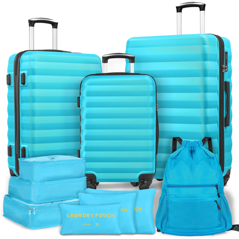 10 Piece Luggage Set Hardside Spinner Suitcase 28 24 20 Inch Backpack Cubes Blue0