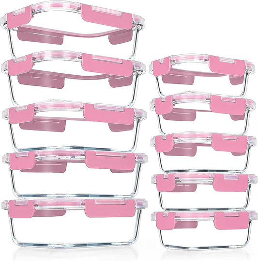 10 Pack Airtight Glass Meal Prep Containers Stackable Lids Pink0