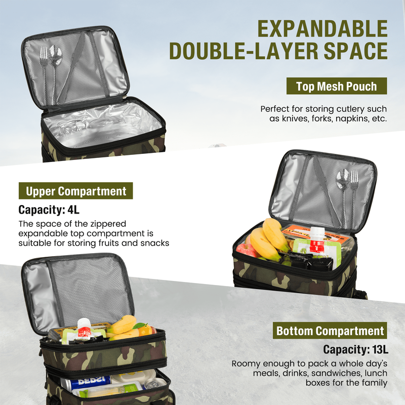 24L Insulated Lunch Bag Expandable Double Deck Cooler Tote Work Green Camo5