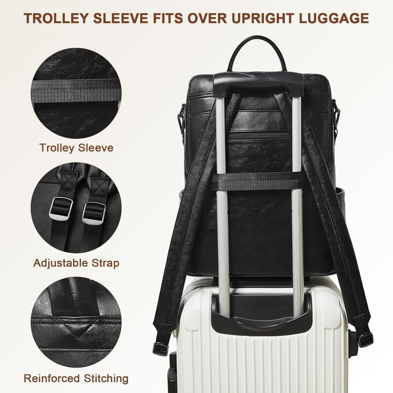 Women Laptop Backpack 15.6" Leather Travel Work Water Resistant Black3