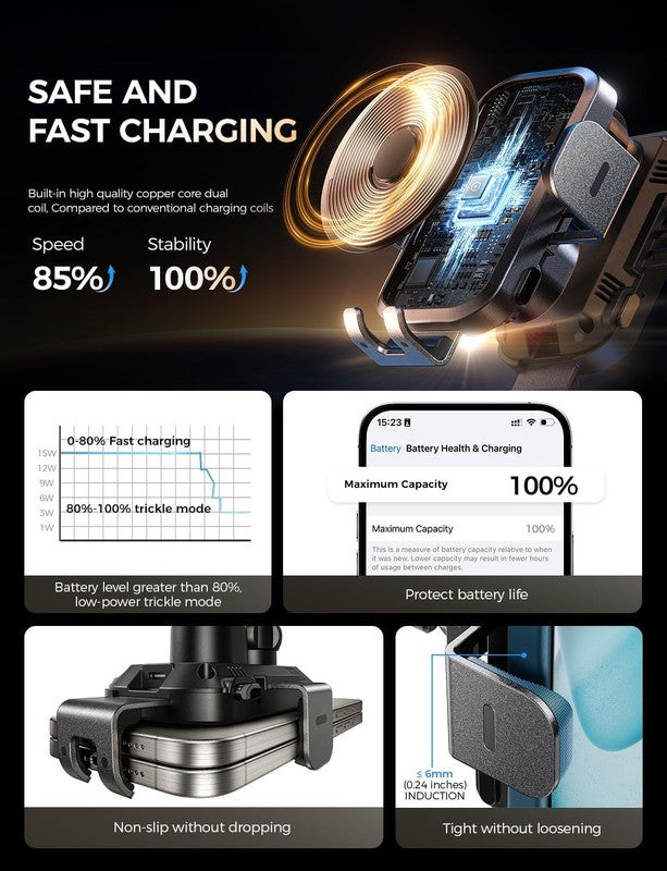 15W Wireless Car Charger Mount, Auto Clamping Fast Charging Phone Holder for Car6