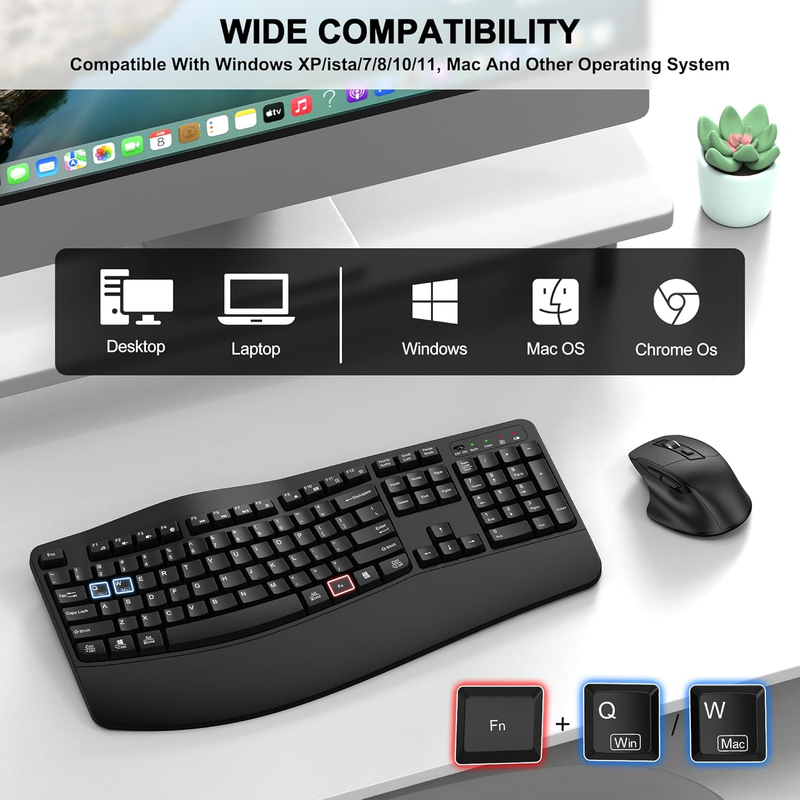 Wireless Keyboard and Mouse Combo, 2.4G Full Size Wave Keys Ergonomic Keyboard w6