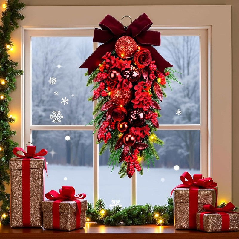 24" Decorative Christmas Teardrop Swag Red Hydrangea Purple Bow Red Berries1